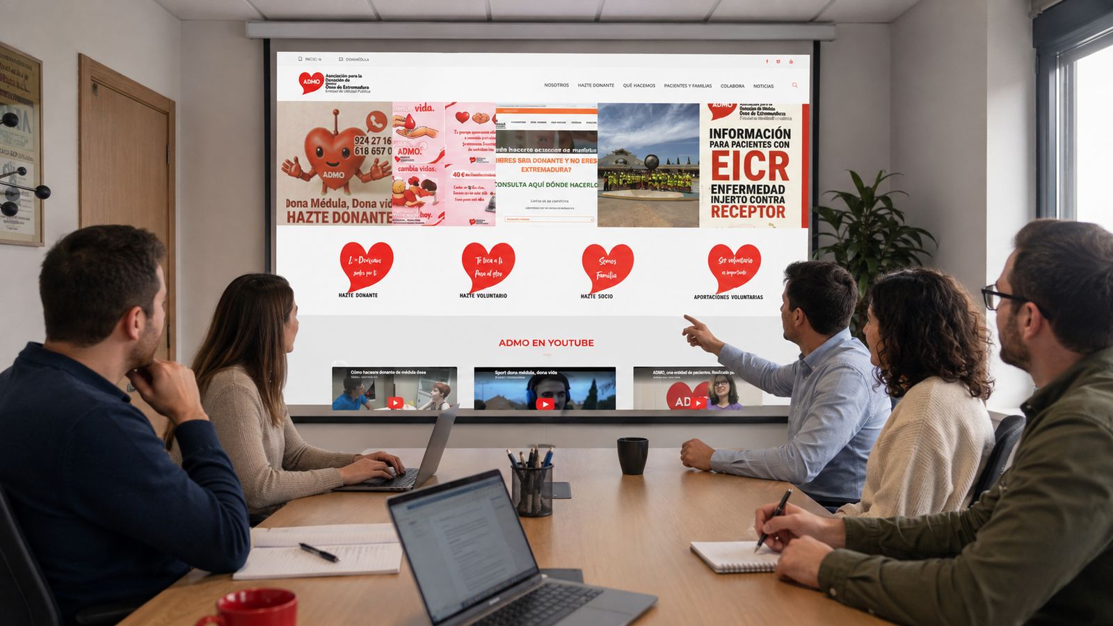 Creada con IA: cinco personas ficticias en una sala de reuniones observando la web de ADMO proyectada en una pantalla grande