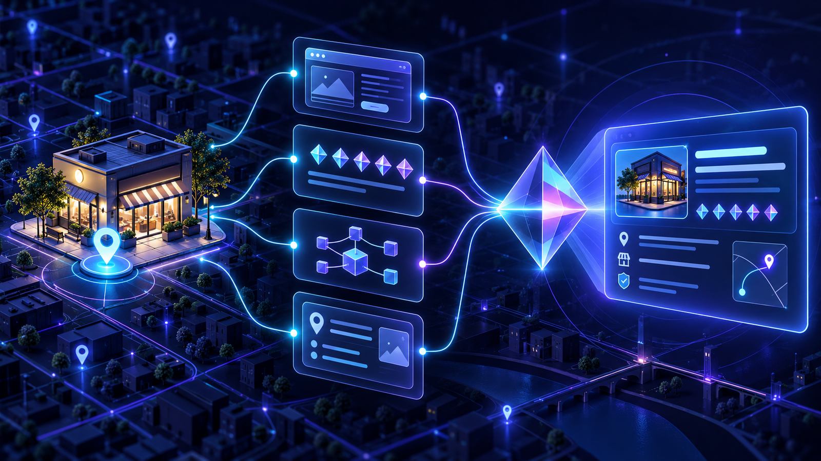Señales verificables de un negocio local conectadas con una respuesta generada por inteligencia artificial.