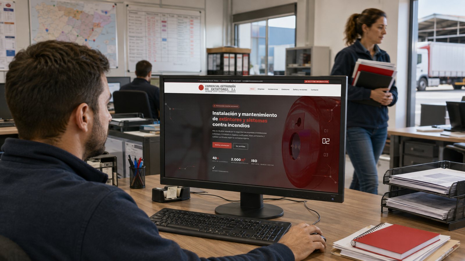 Creada con IA: oficina ficticia con un hombre ante una pantalla que muestra la web de Comercial Extremeña de Extintores