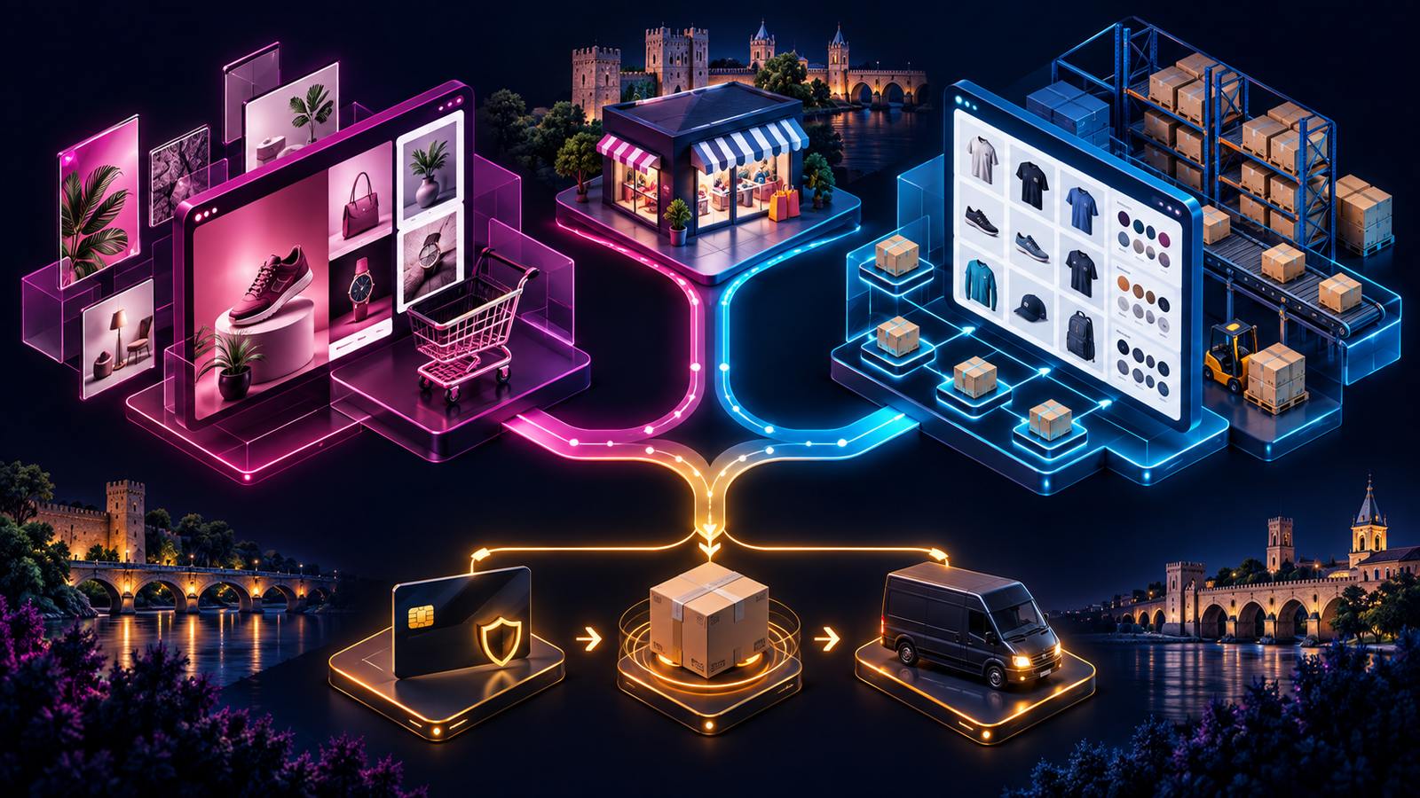 Dos arquitecturas de comercio electrónico conectadas con catálogo, pagos, almacén y reparto.